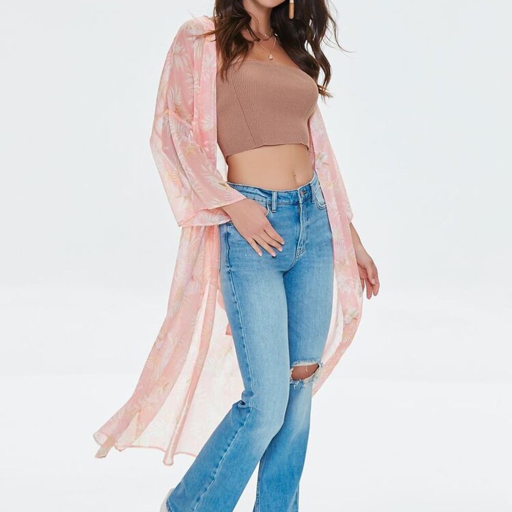(NTW) FOREVER 21Sheer Seashell Print Kimono Size 4 Peach/Multi